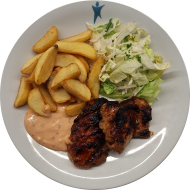 Hähnchenschenkel „Smoked Honey“ (48) mit Red-Pepper-Mayonnaise-Dip (1,22) dazu gewürzte Curry-Chili-Fries und Salatgarnitur 