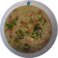 Rosenkohl-Kartoffel-Eintopf mit Perlgraupen (3,21,83) dazu Roggenmischbrot (81,82,83)