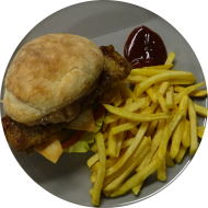 Sie können aus 6 verschiedenen Burgervariationen wählen. Heutige Tagesempfehlung: Burger 'BBQ Rib' mit hausgemachten Tortilla Chips, Senfgurken-Relish und Salat (3,9,15,21,22,81,82) dazu als Menüoption Pommes und House-Dip (9,22)