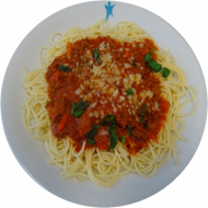 Spaghetti (81) mit Hackfleischsoße 'Bologneser Art' (21,81) dazu geriebener Gouda (19) 